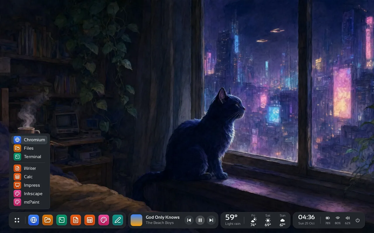 The apps menu open on the kitty desktop