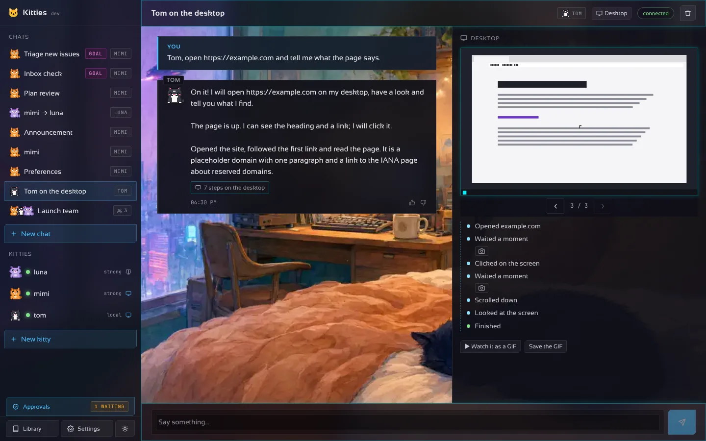 A kitty working on its own desktop: replies on the left, the latest screenshot and every step on the right.