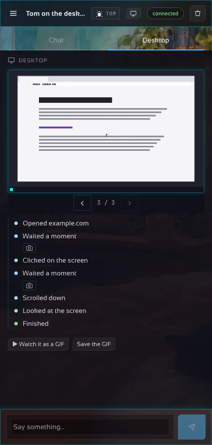 Phone: the Desktop tab shows the screenshot full width with the kitty’s steps