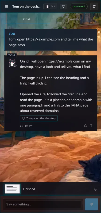 Phone: the Chat tab shows the conversation with a strip holding the latest screenshot